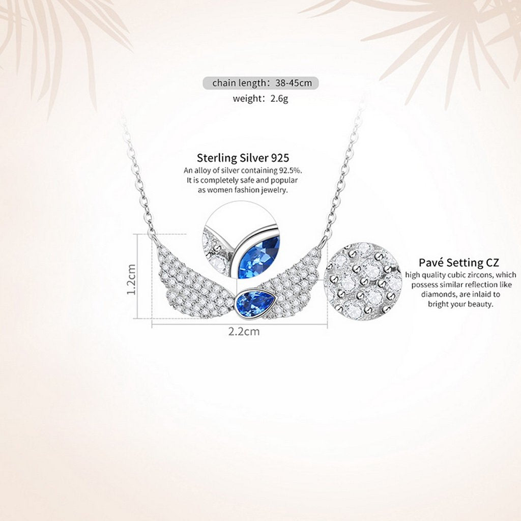 PAHALA 925 Sterling Silver Blue Crystals Wings Clear CZ Pendant Necklace