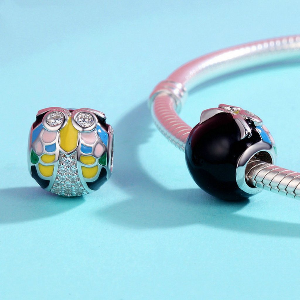 PAHALA 925 Sterling Silver Colorful Enamel Cute Owl with Crystals Charm Bead