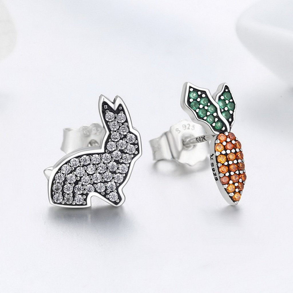 PAHALA 925 Sterling Silver Cute Rabbit Carrot With Crystals Stud Earrings