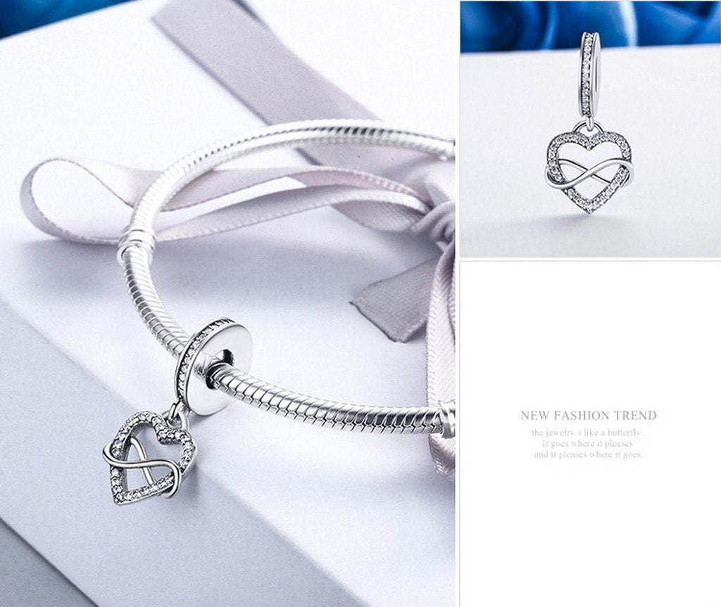 PAHALA 925 Sterling Silver Endless Love Heart with Crystals Charms Beads