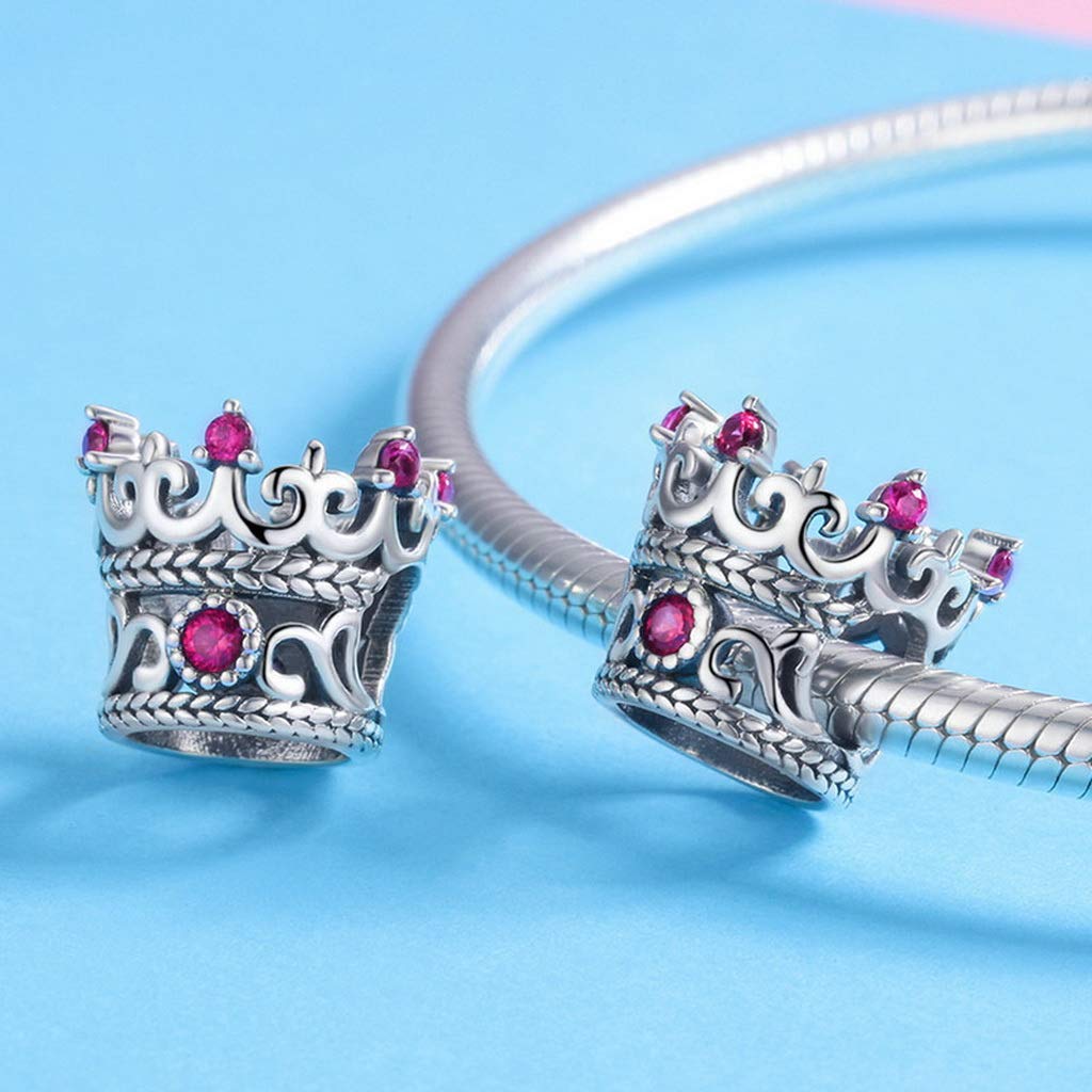 PAHALA 925 Strling Silver Pink Crystals Queen Crown Charm Bead