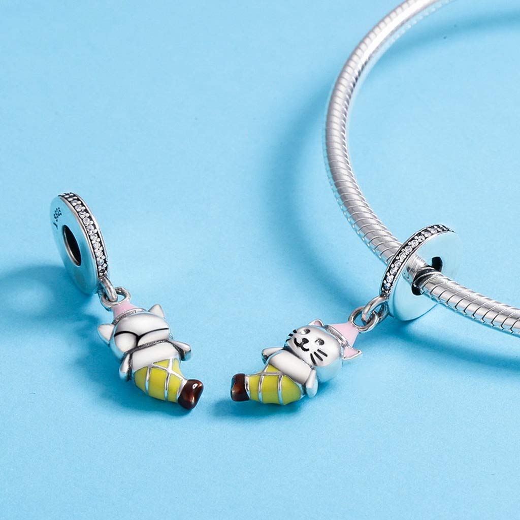 PAHALA 925 Strling Silver Enamel Cute Tailed Cat Dangle Charms