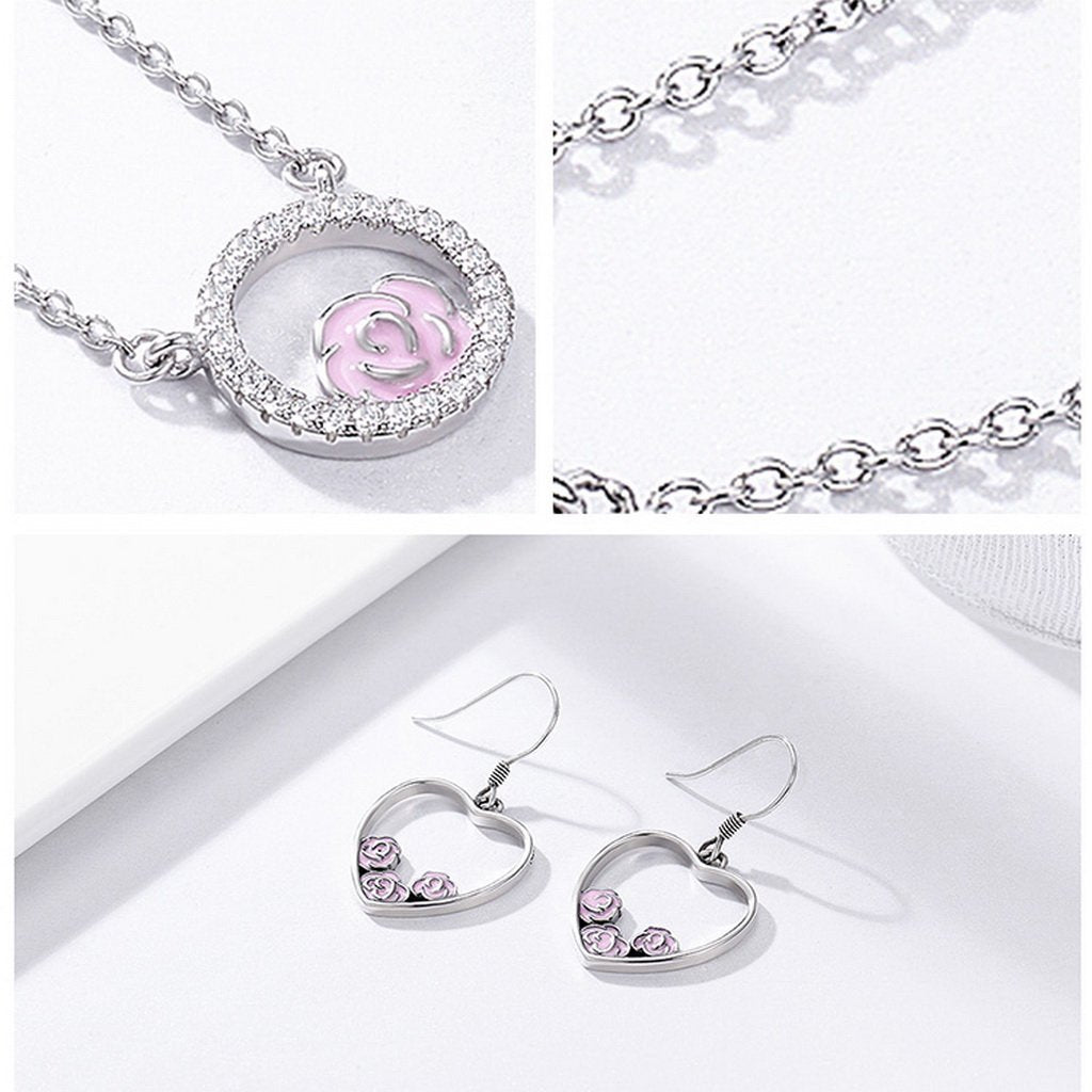 PAHALA 925 Sterling Silver Romantic Rose Heart with Crystals Pendant Necklace Earrings Jewelry Set
