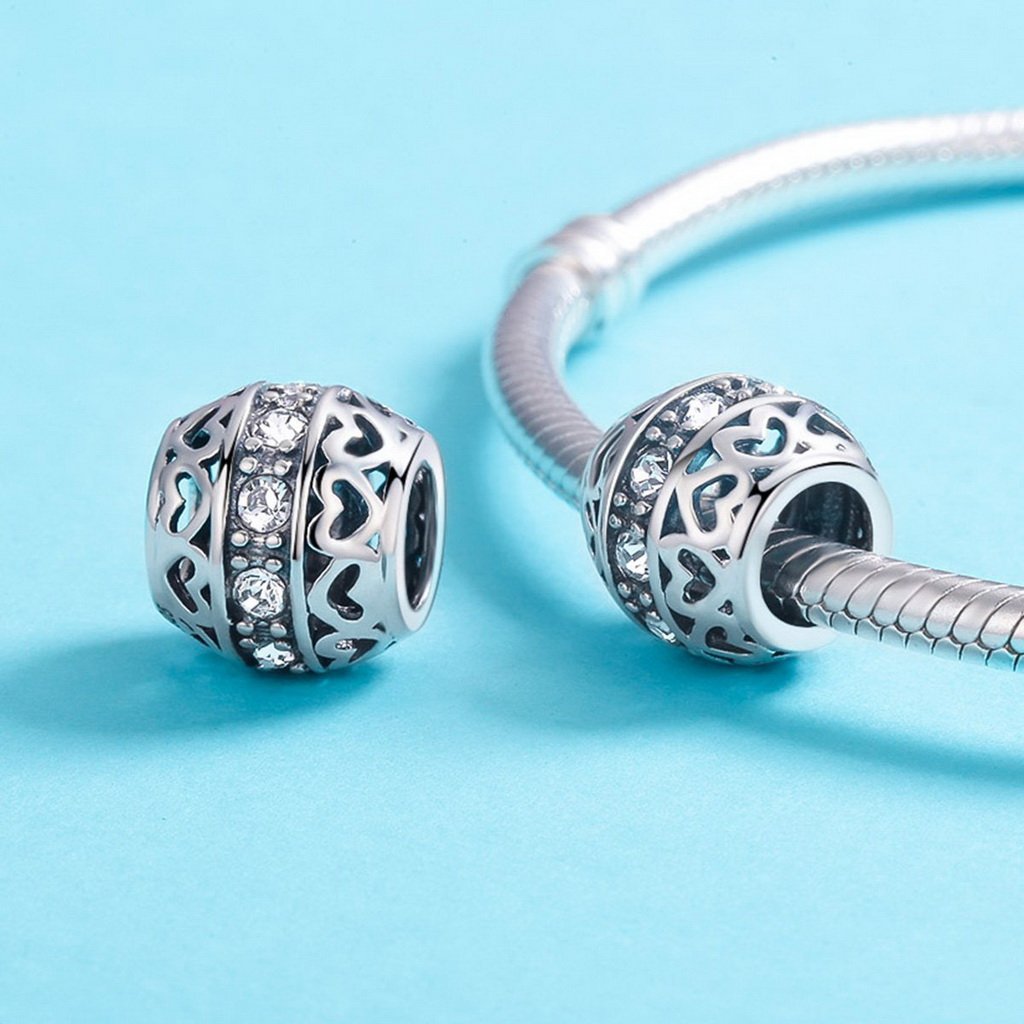 PAHALA 925 Sterling Silver Stackable Heart Crystals Charm Bead