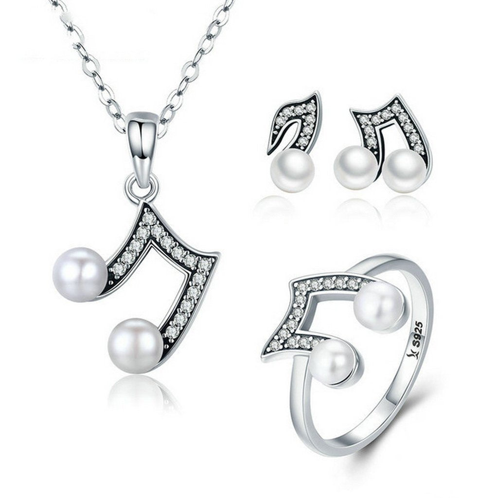 PAHALA 925 Sterling Silver Music Melody Pendant Necklace Earrings Ring Jewelry Set