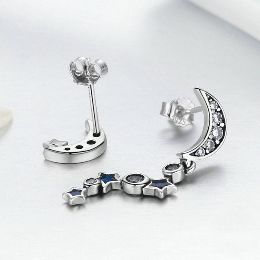 PAHALA 925 Sterling Silver Crystals Moon Star Blue Party Wedding Pendant Earring