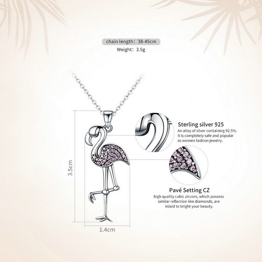 PAHALA 925 Sterling Silver Flamin Bird Shaped with Pink Crystals Clear CZ Pendant Necklace