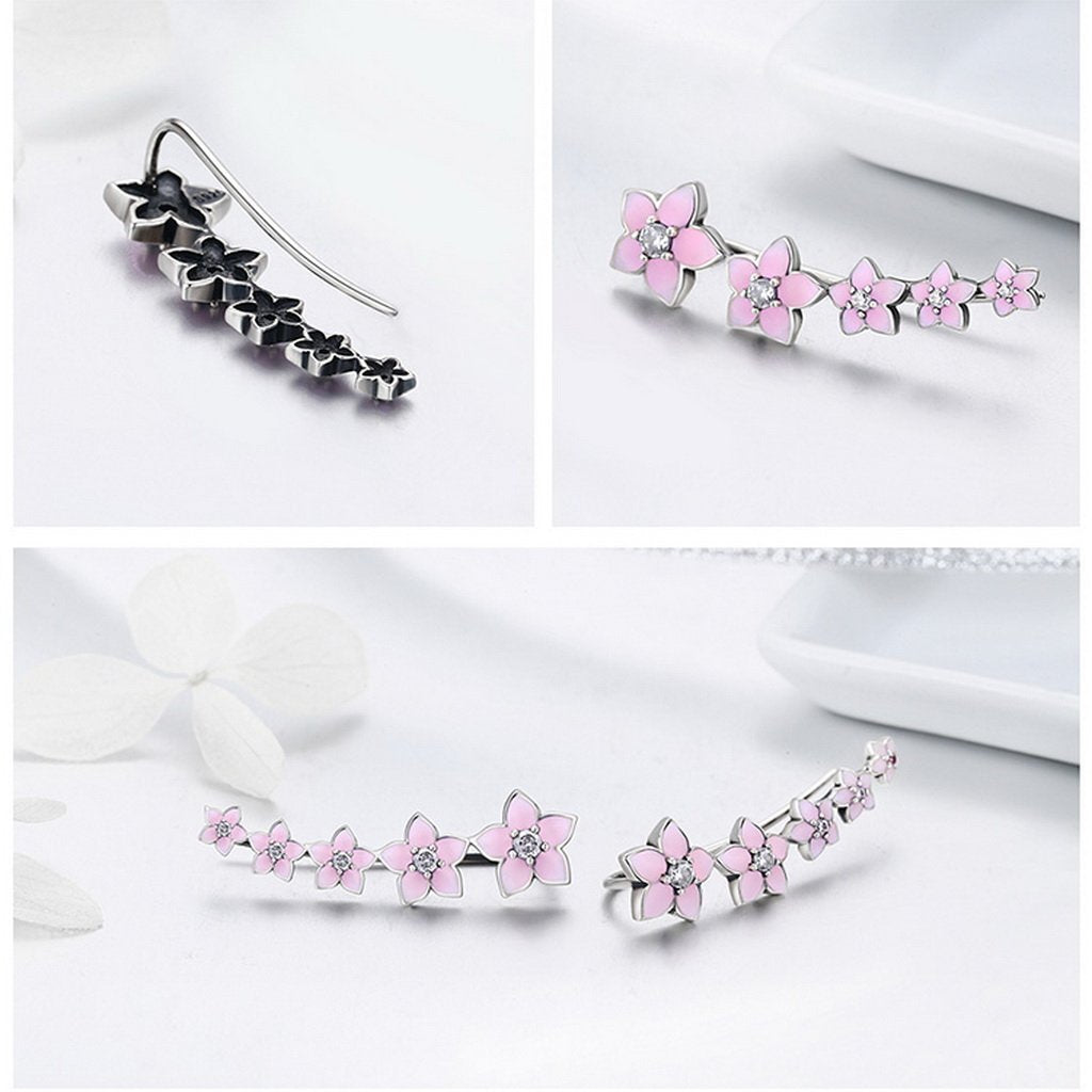 PAHALA 925 Sterling Silver Cherry Flower Pink Enamel Crystal Long Tassel Earrings