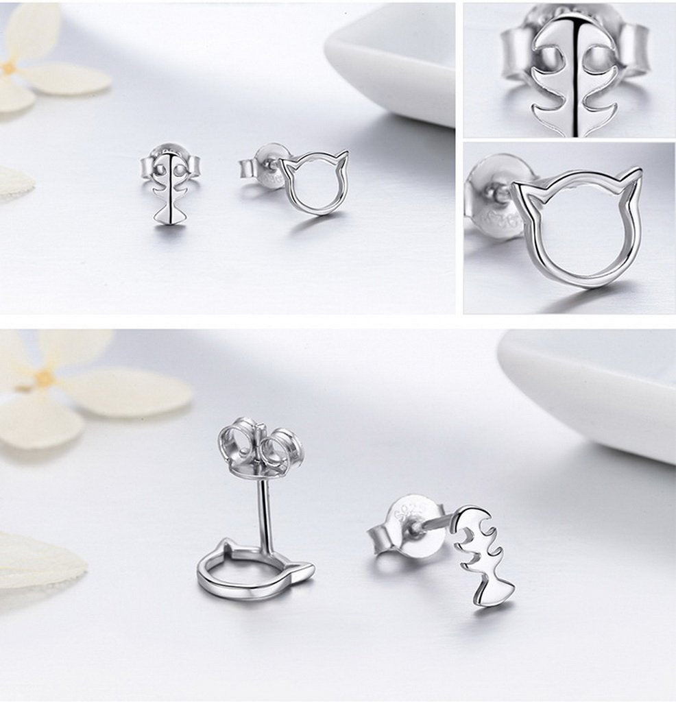 PAHALA 925 Sterling Silver Cute Cat With Fish Party Wedding Stud Earring