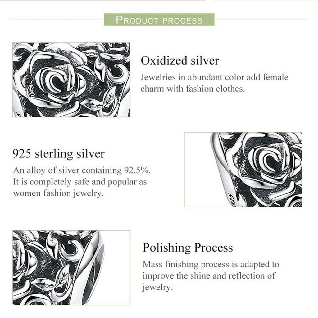 PAHALA 925 Strling Silver Rose Flower Engrave Heart Charms Charm