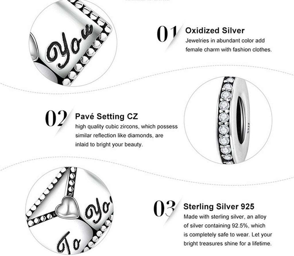 PAHALA 925 Sterling Silver Love Letter from Me to Your Heart Charms Fit Bracelets Necklace