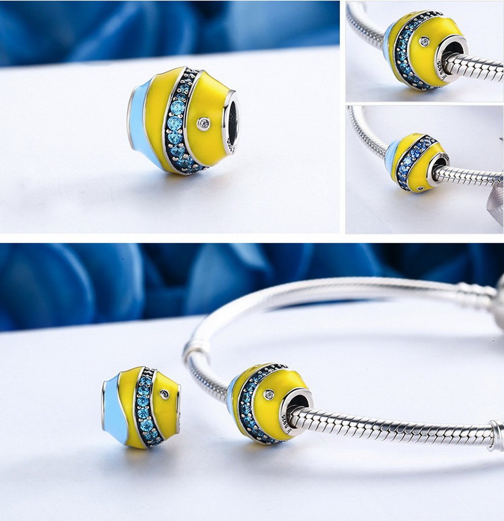 PAHALA 925 Sterling Silver Colorful Enamel Sea Fish with Blue Crystals Charms Beads