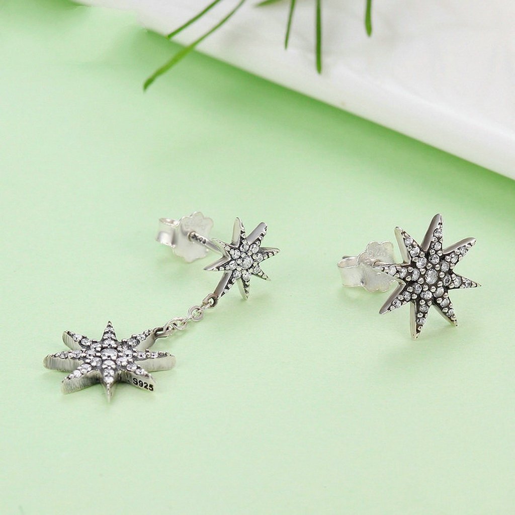 PAHALA 925 Sterling Silver Star With Crystals Party Wedding Long Drop Earrings