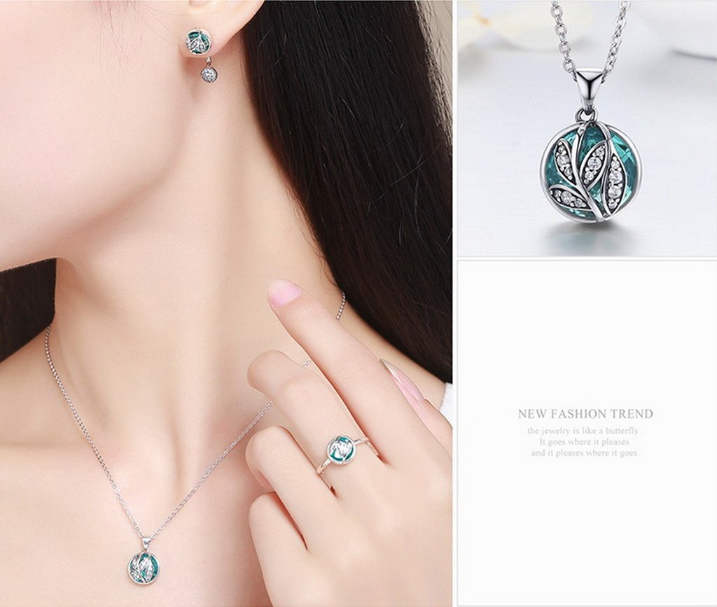 PAHALA 925 Sterling Silver Tree with Green Crystal Clear CZ Pendant Necklace