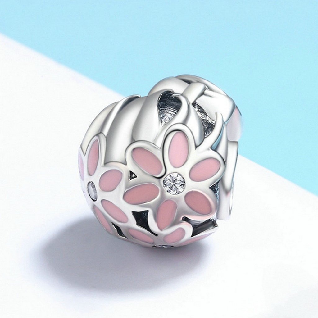 PAHALA 925 Sterling Silver Bowknot Flower with Pink Enamel Crystals Pendant Charm Bead