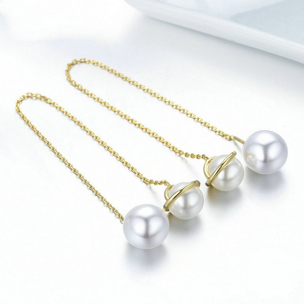 PAHALA 925 Sterling Silver Planet Freshwater Pearl With Crystals Party Wedding Long Drop Earrings