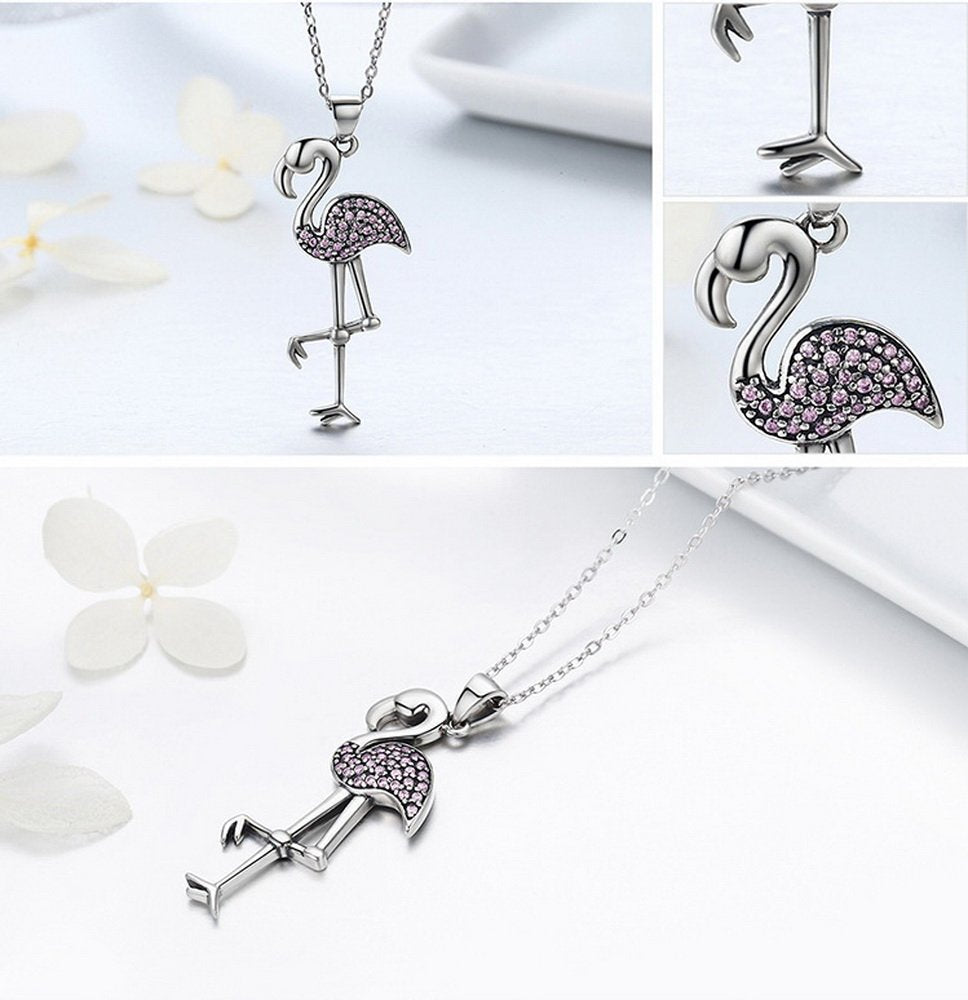 PAHALA 925 Sterling Silver Flamin Bird Shaped with Pink Crystals Clear CZ Pendant Necklace