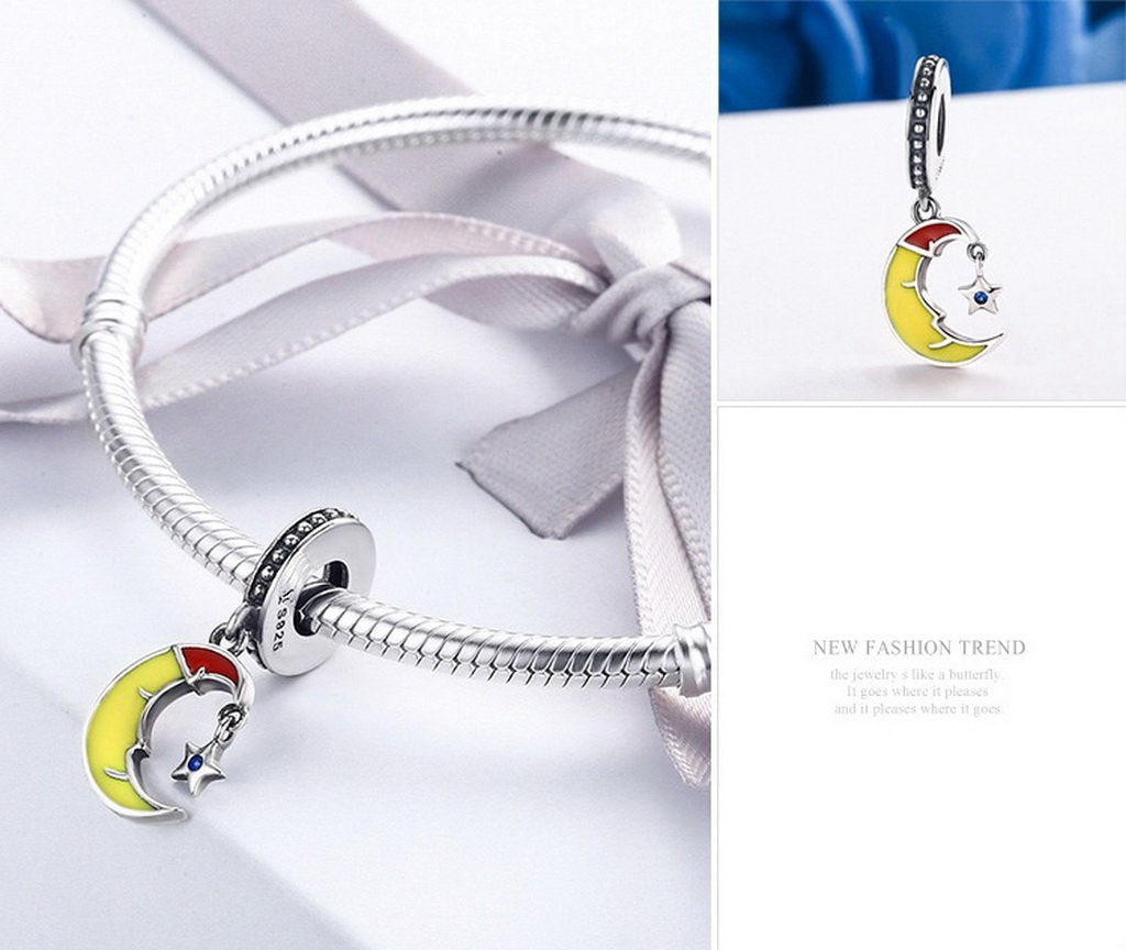 PAHALA 925 Sterling Silver Lovely Moon with Enamel Crystal Charms Beads