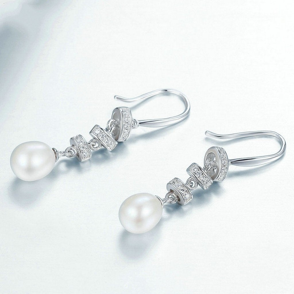 PAHALA 925 Sterling Silver Geometric With Crystals Freshwater Pearl Party Wedding Drop Earrings