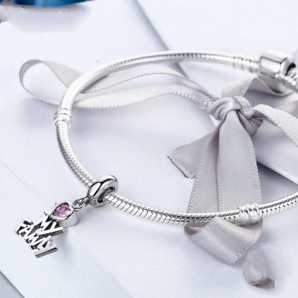 PAHALA 925 Sterling Silver I Love My Family with Pink Crystal Charms Fit Bracelets Necklace