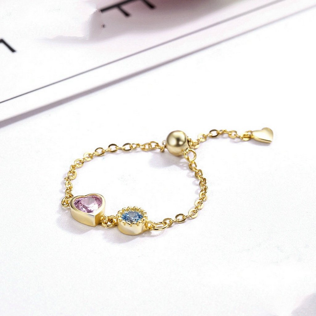 PAHALA 925 Strling Silver Gold Color Heart Crystals Chain Weeding Party Band Ring