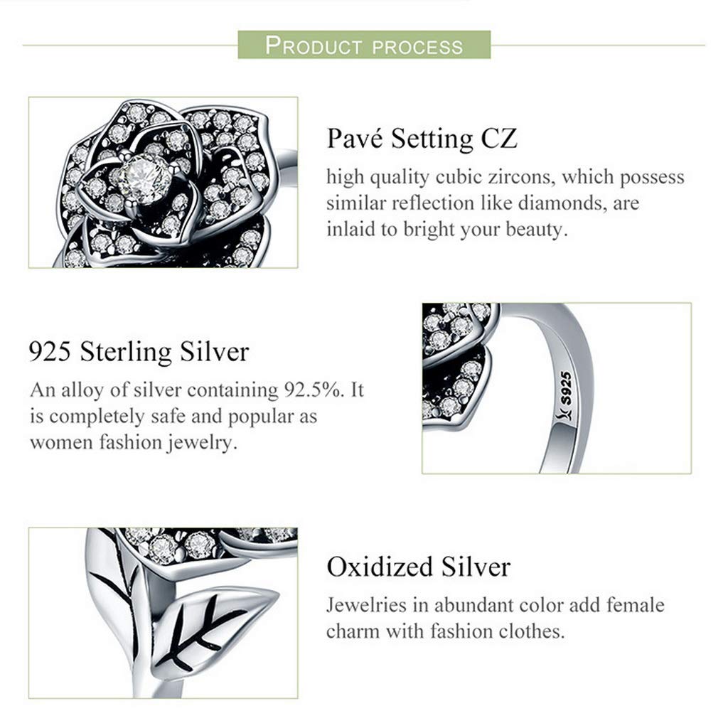 PAHALA 925 Strling Silver Rose Flower Dazzling Crystals Finger Weeding Party Ring