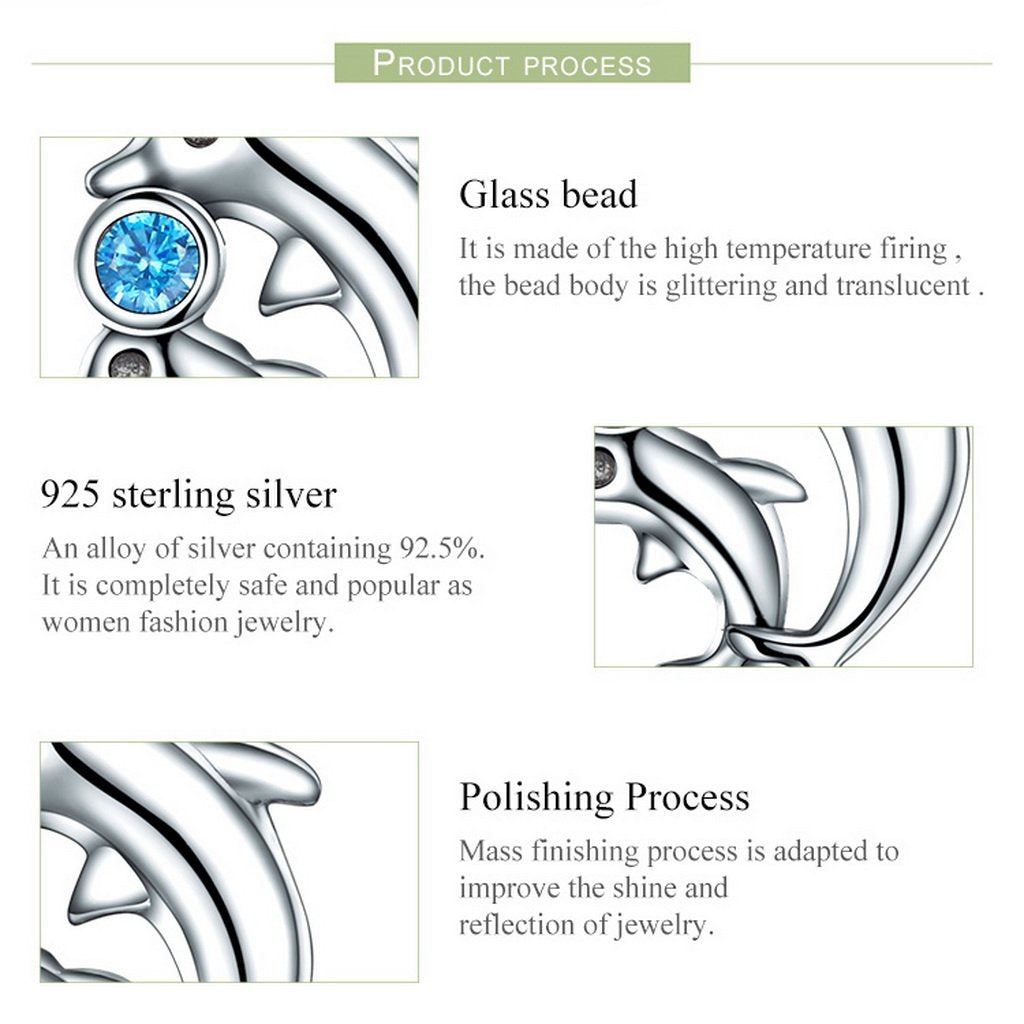 PAHALA 925 Sterling Silver Dolphins with Blue Crystal Charm Bead Fit Bracelet