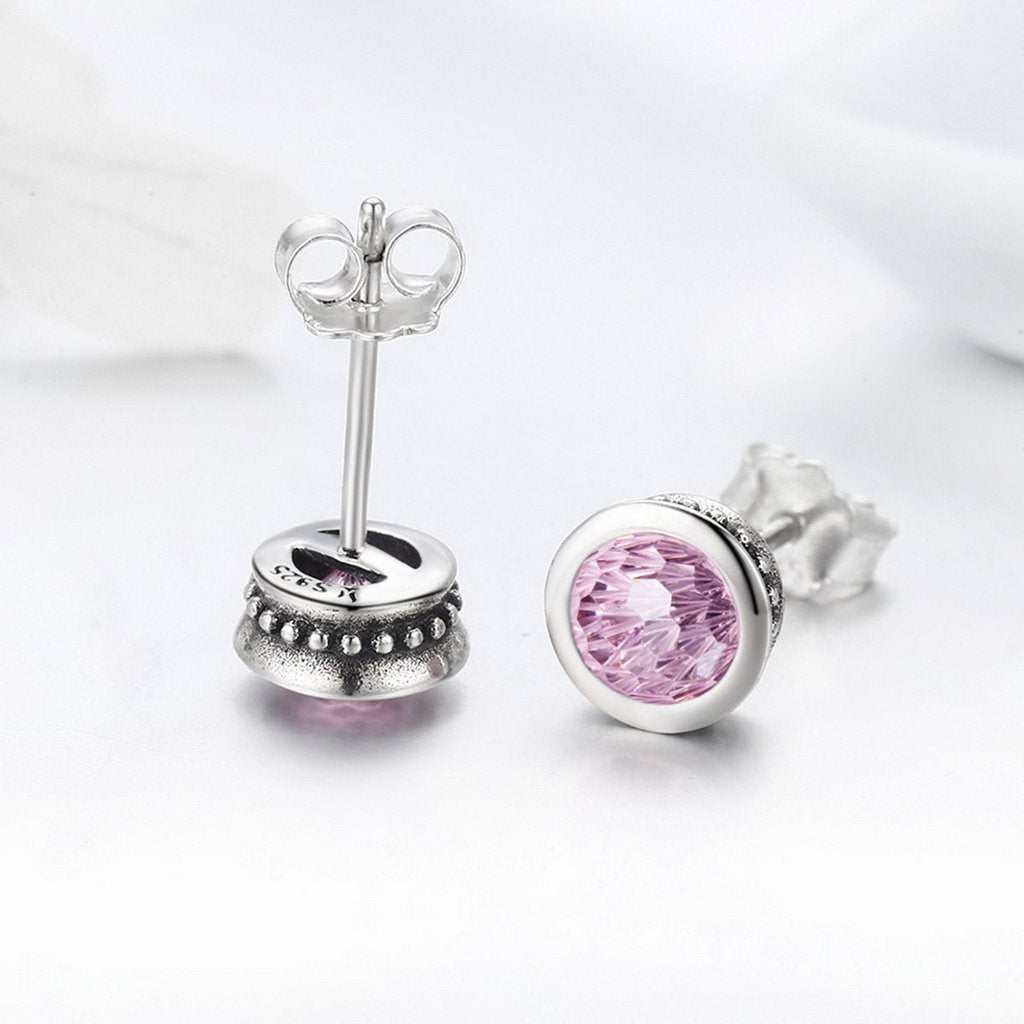 PAHALA 925 Sterling Silver Round Pink Sparkling With Pink Crystal Stud Earrings