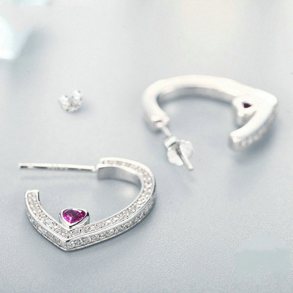 PAHALA 925 Sterling Silver Round With Pink Crystals Heart Party Wedding Stud Earring