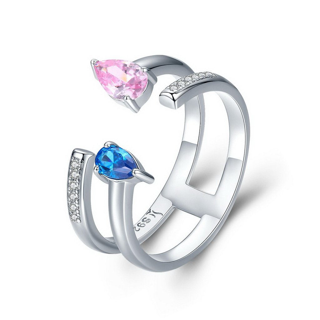 PAHALA 925 Strling Silver Pink Blue Crystals Weeding Party Band Ring