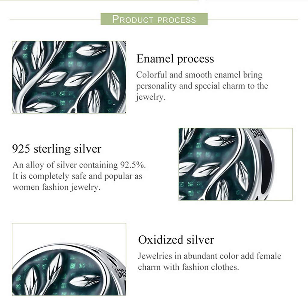 PAHALA 925 Strling Silver Green Enamel Tree Leaves Charms Beads