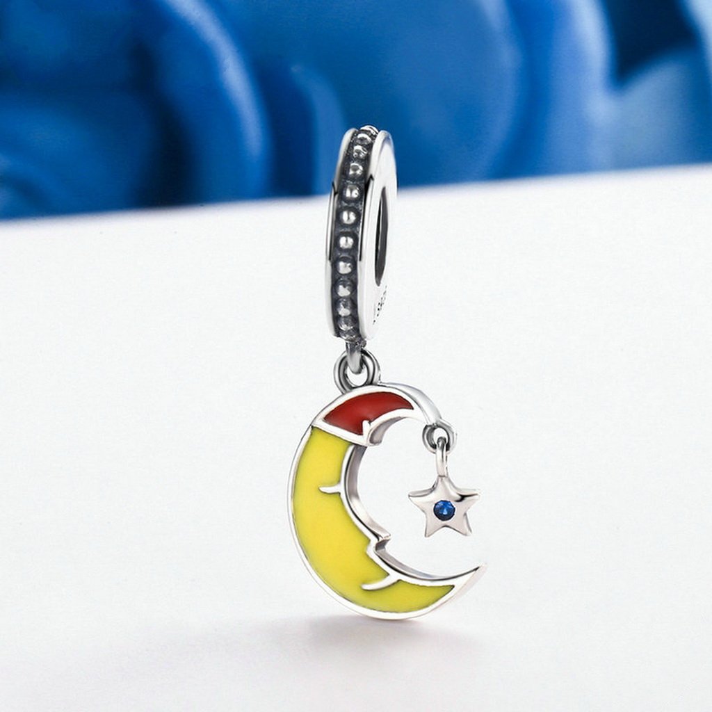 PAHALA 925 Sterling Silver Lovely Moon with Enamel Crystal Charms Beads