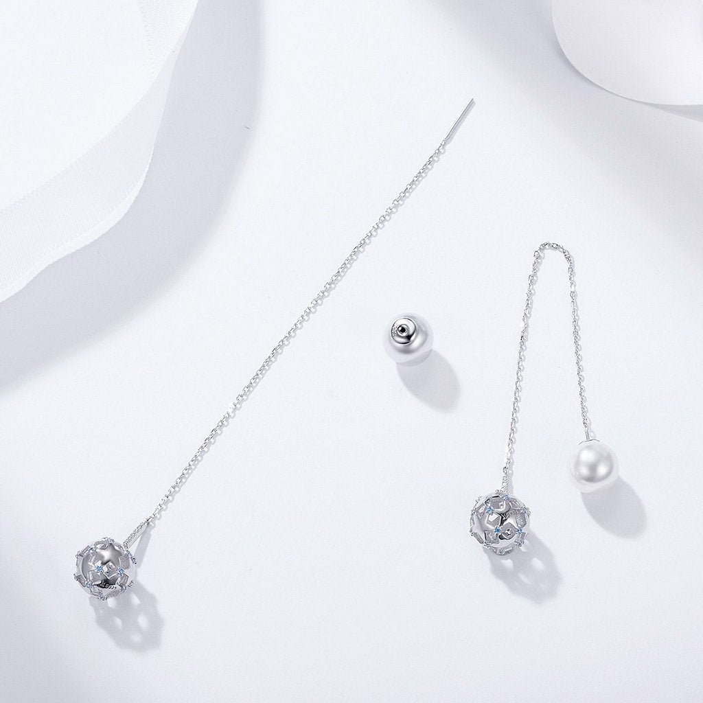 PAHALA 925 Sterling Silver Double Ball Luminous With Crystals Party Wedding Long Drop Earrings