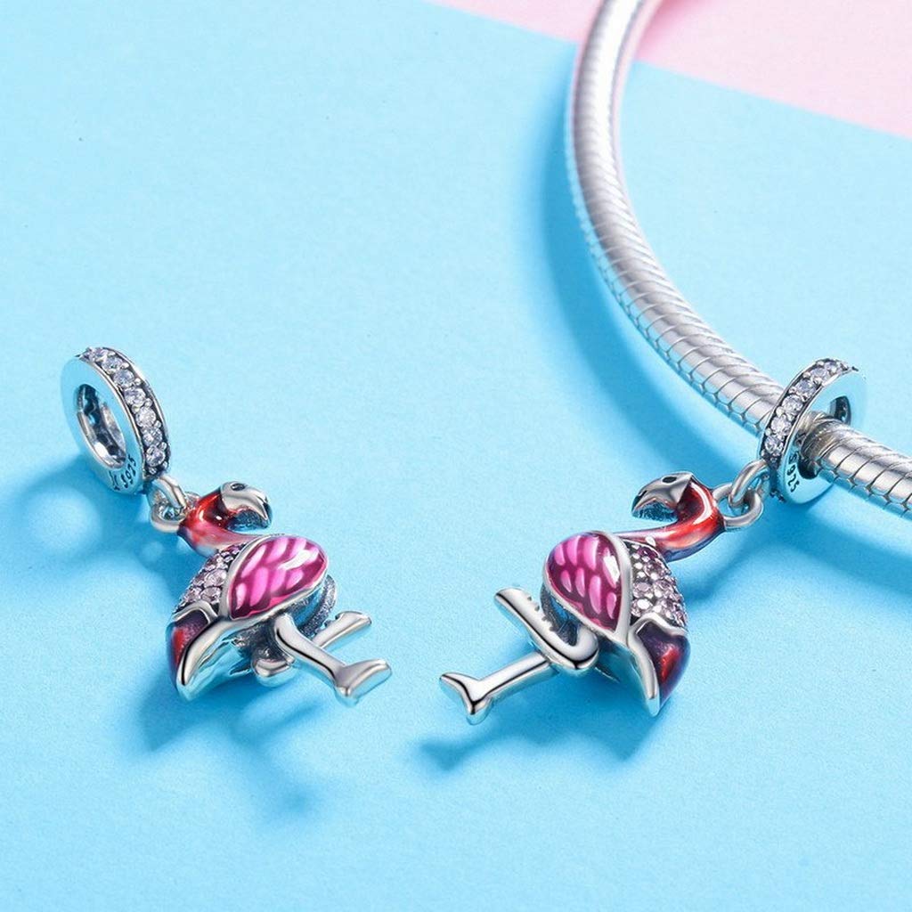 PAHALA 925 Strling Silver Red Flamingo Enamel with Crystals Pendant Charm Bead