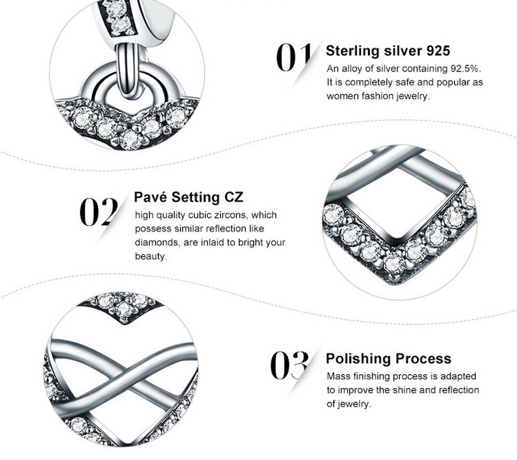 PAHALA 925 Sterling Silver Endless Love Heart with Crystals Charms Beads