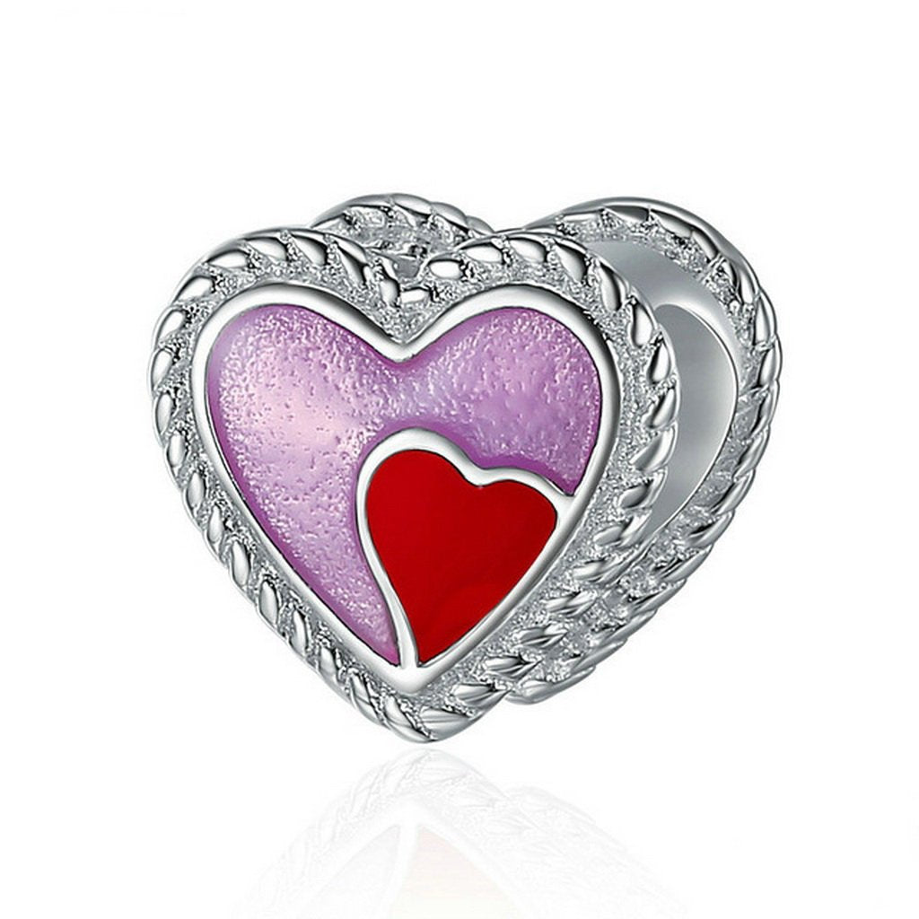PAHALA 925 Sterling Silver Sweet Heart with Heart Red Purple Enamel Charm Bead