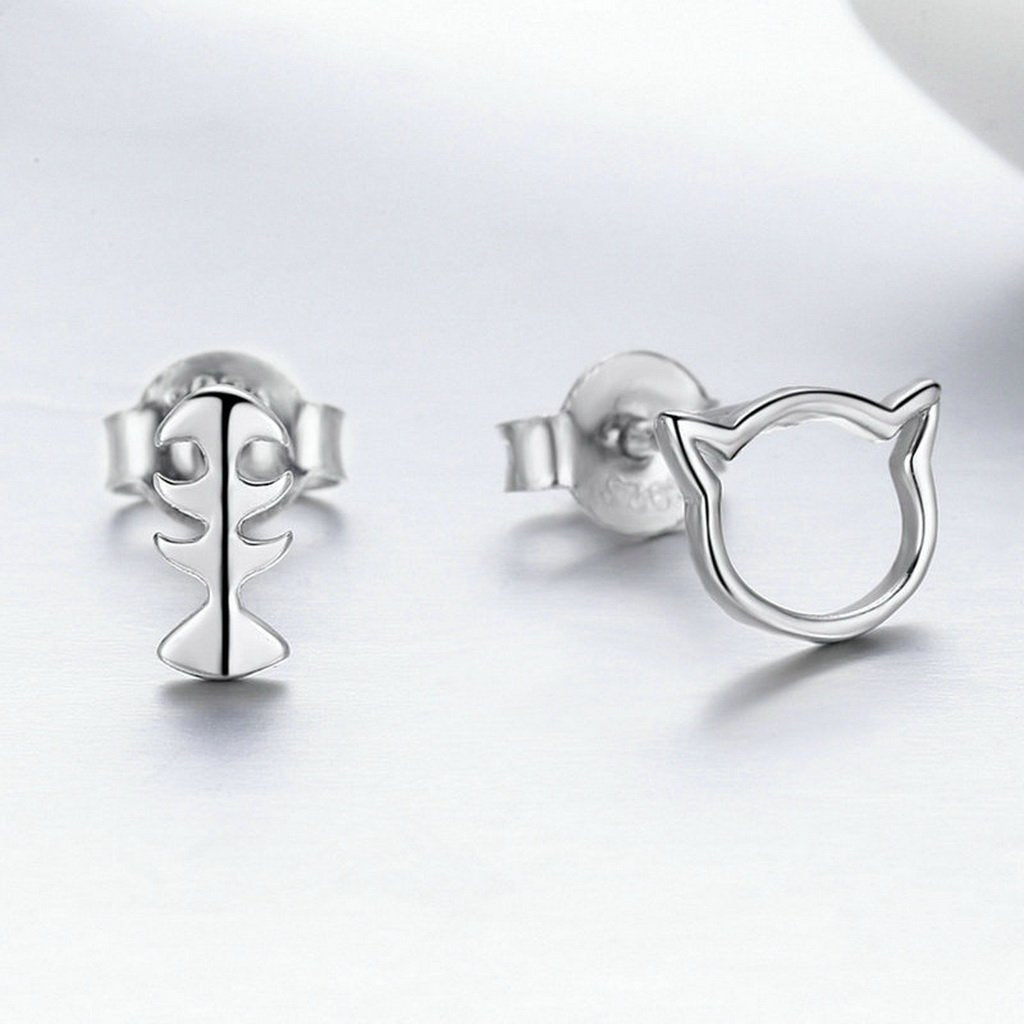 PAHALA 925 Sterling Silver Cute Cat With Fish Party Wedding Stud Earring