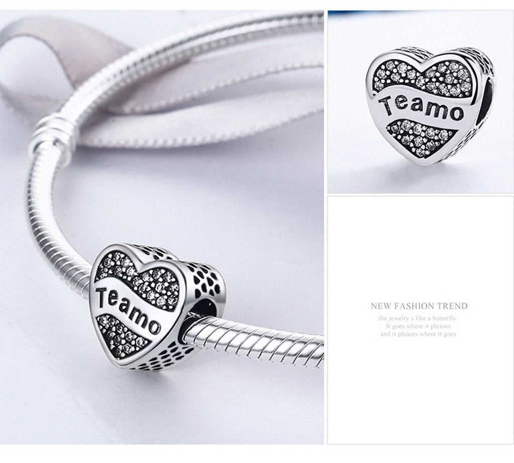 PAHALA 925 Sterling Silver Teamo I Love You with Crystals Charms Fit Bracelets Necklace