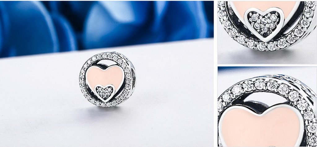 PAHALA 925 Sterling Silver Sweet Heart with Pink Enamel Crystals Charms Fit Bracelets Necklace