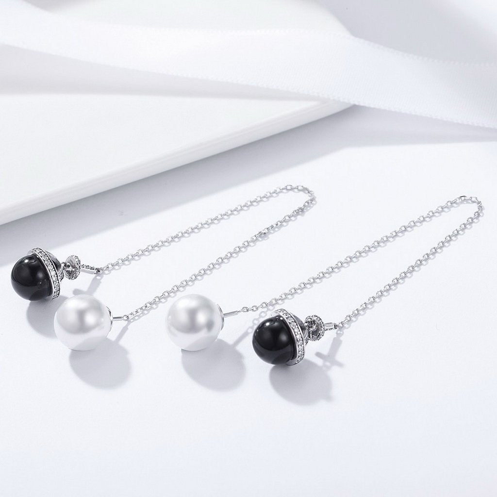PAHALA 925 Sterling Silver Planet Freshwater Pearl White Black With Crystals Party Wedding Long Drop Earrings
