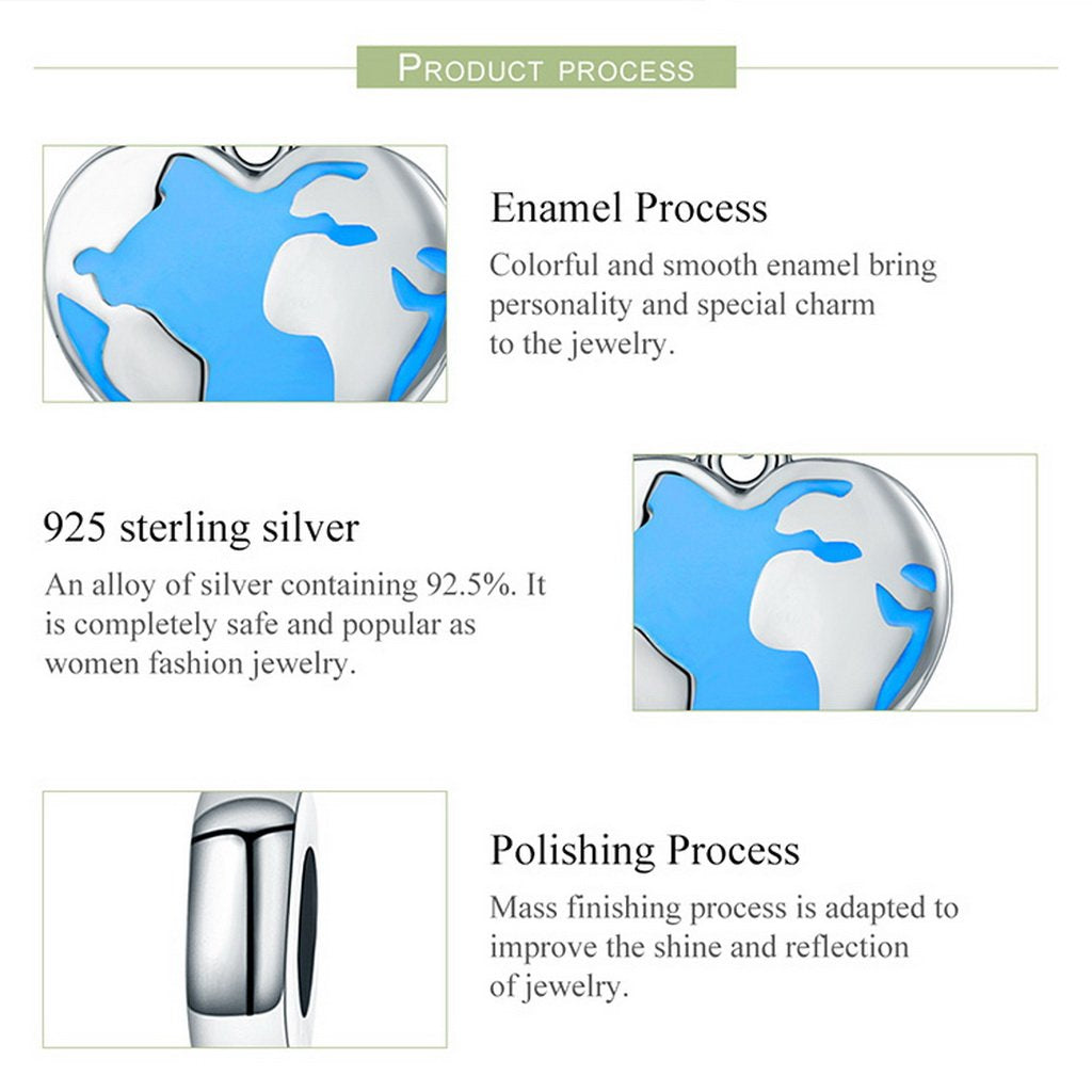 PAHALA 925 Sterling Silver Heart Dream Travel Map with Blue Enamel Charm Bead Fit Bracelet