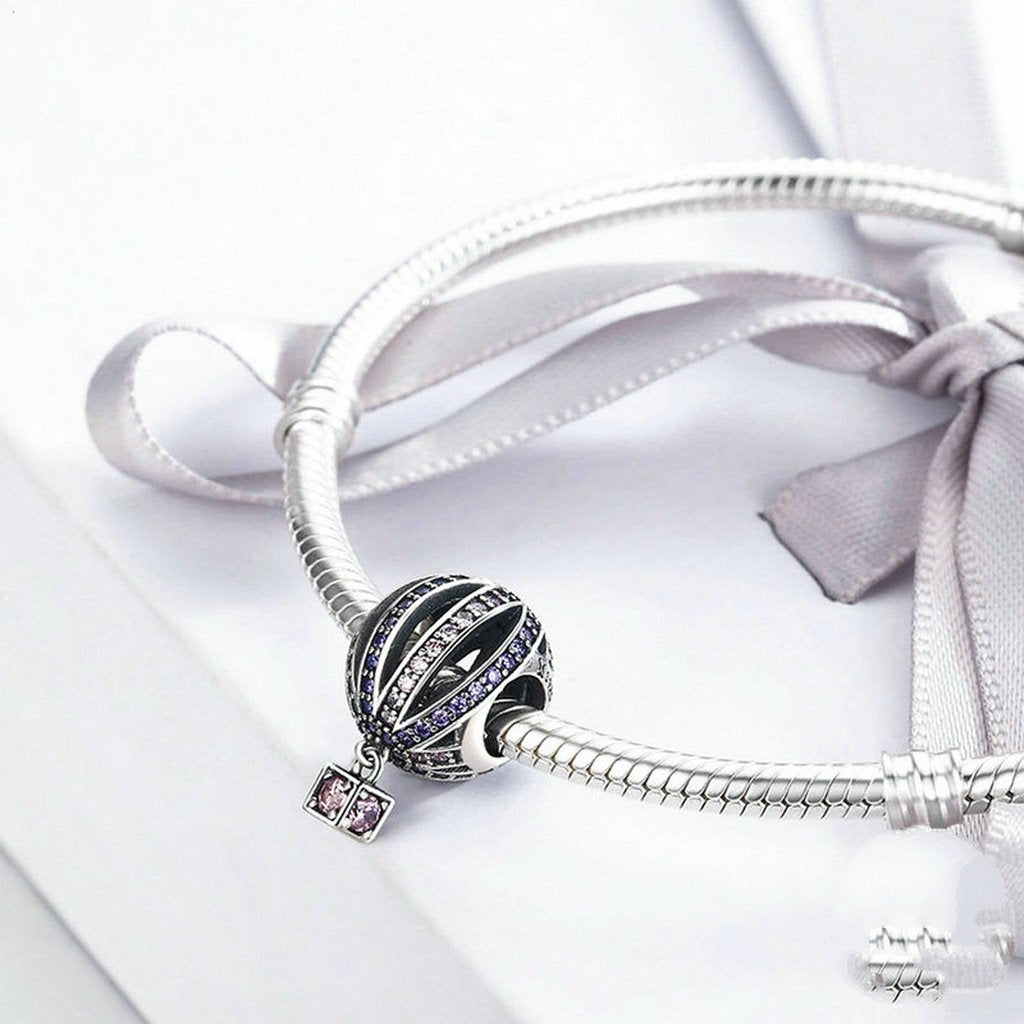 PAHALA 925 Sterling Silver Hot Air Purple Crystals Balloon Charm Bead Fit Bracelet
