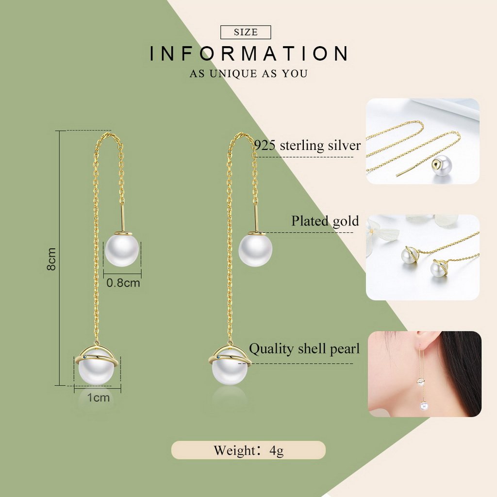 PAHALA 925 Sterling Silver Planet Freshwater Pearl With Crystals Party Wedding Long Drop Earrings