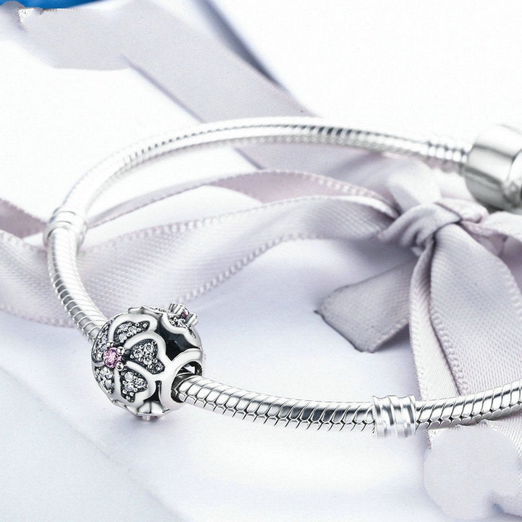 PAHALA 925 Sterling Silver Bouquet Flower of Love with Pink Crystals Charms Fit Bracelets Necklace
