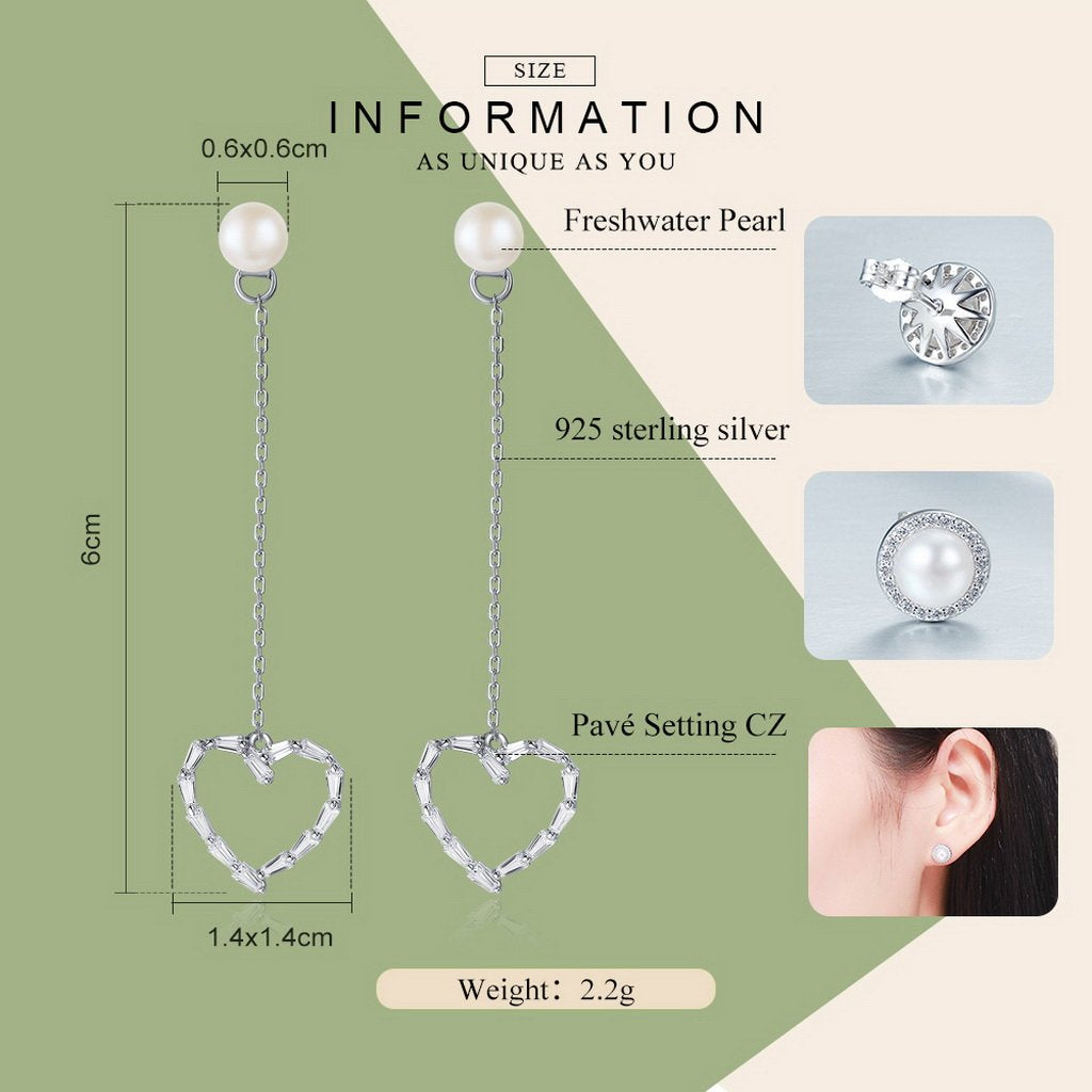 PAHALA 925 Sterling Silver Danceing Heart With FreshwaterPearl Party Wedding Drop Earrings