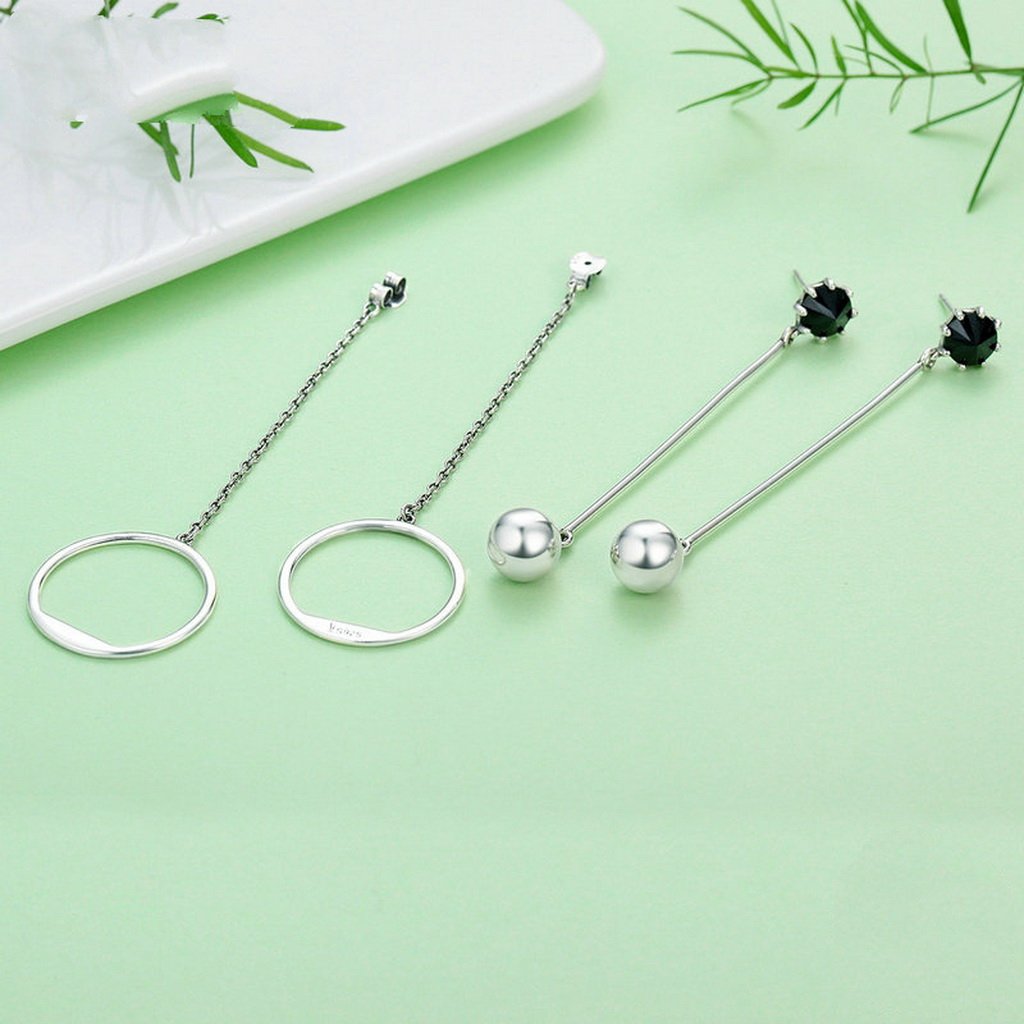 PAHALA 925 Sterling Silver Round Geometric Black Crystal Party Wedding Drop Earrings