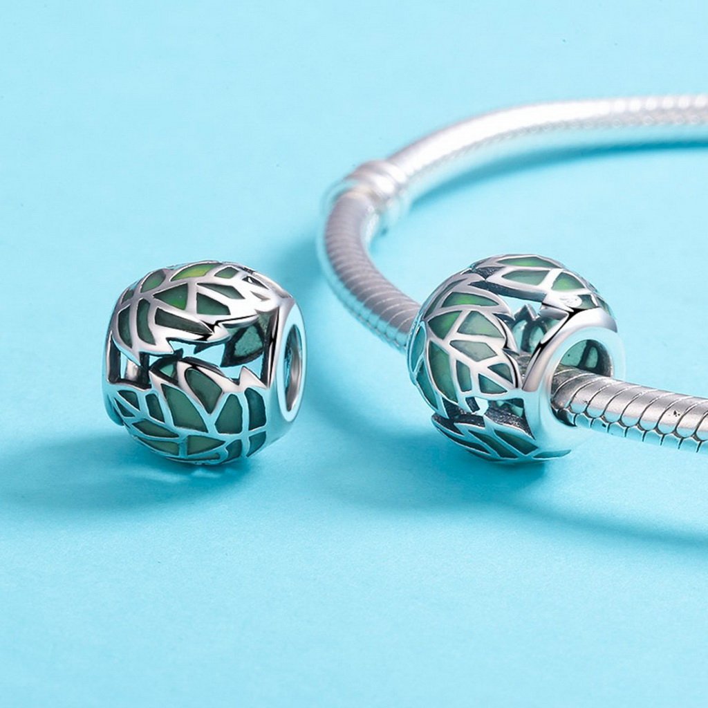 PAHALA 925 Sterling Silver Tree Leaves Green Enamel Charm Bead