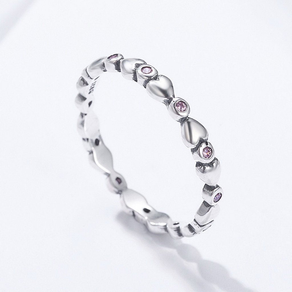 PAHALA 925 Sterling Silver Pink Heart with Crystals CZ Vintage Wedding Engagement Band Ring