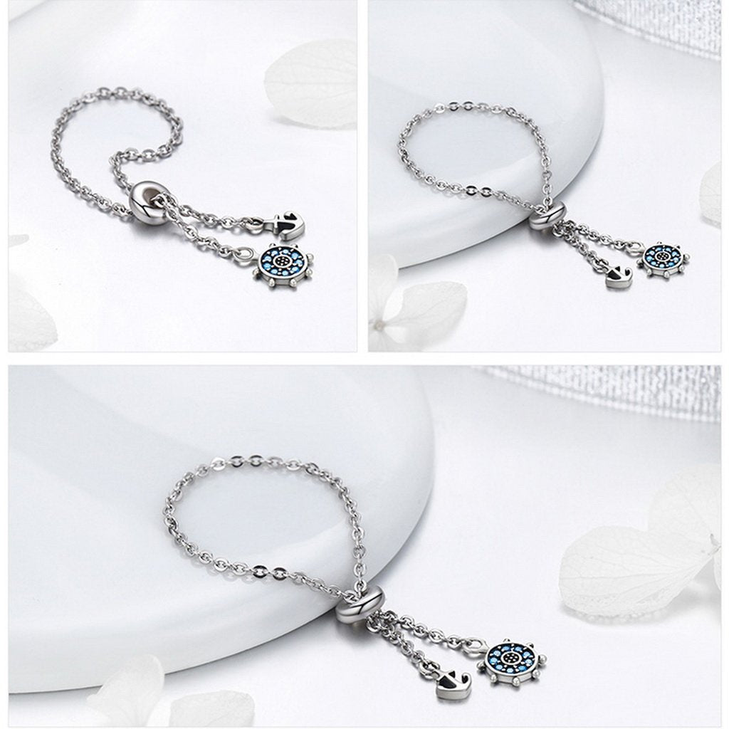 PAHALA 925 Strling Silver Anchor Rudder Chain Link Adjustable Weeding Party Ring