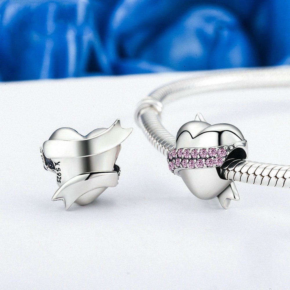 PAHALA 925 Strling Silver Ribbon Hug Heart with Pink Crystals Charms Fit Bracelets Necklace